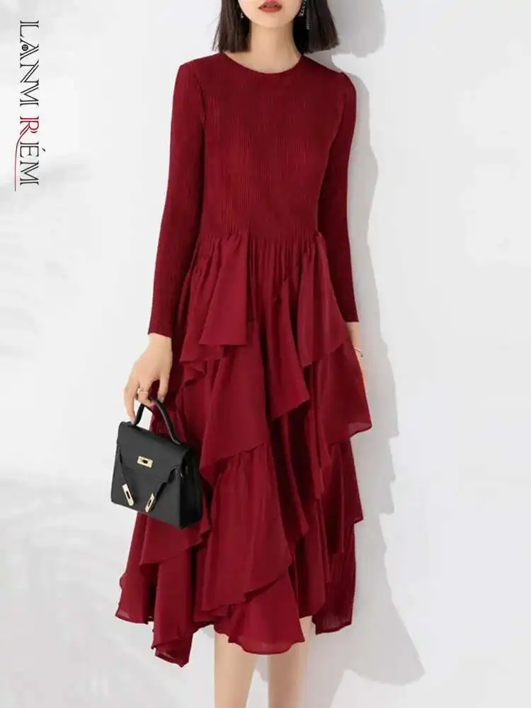 LANMREM-vestido plisado con volantes para mujer, cuello redondo, mangas largas, capas, costura de Color sólido, ropa de fiesta, nueva moda, 2DA2217