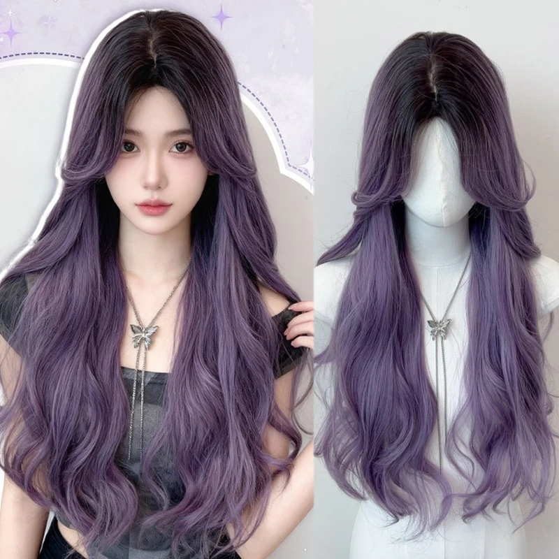 Halloween Wig Long Wavy Wig Ombre Purple Hair Wig Synthetic Wavy Wig with Bangs Daily Party Wig for Women