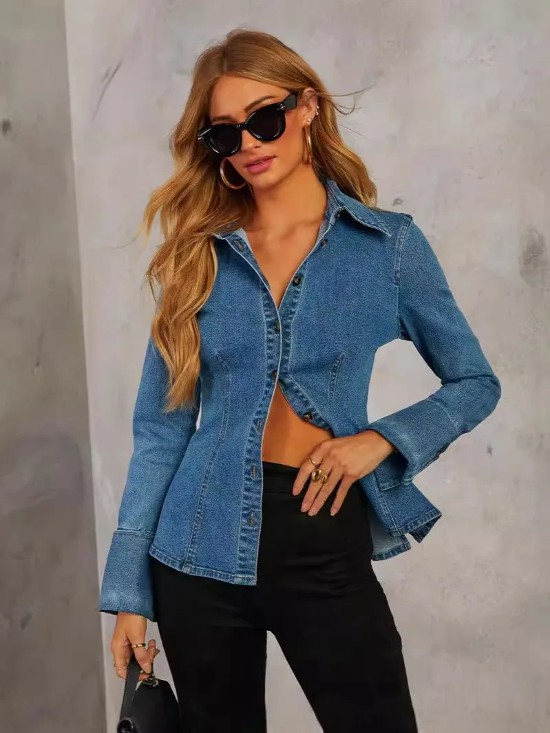 

Autumn Women's Clothing Slim Fit Long Sleeve Denim Shirt For Woman Casual Button Down Collar Streetwear Top Everyday Wear