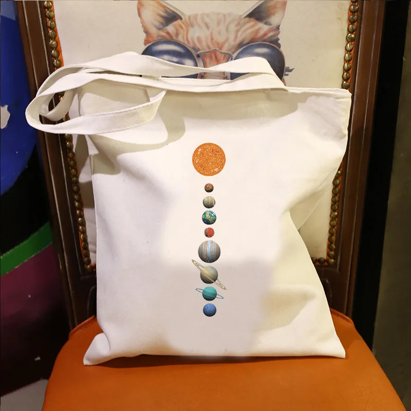 حقيبة كتف قماشية سوداء بساطتها مع كواكب النظام الشمسي مطبوعة بموضوع الفضاء للنساء للاستخدام اليومي غير الرسمي #2