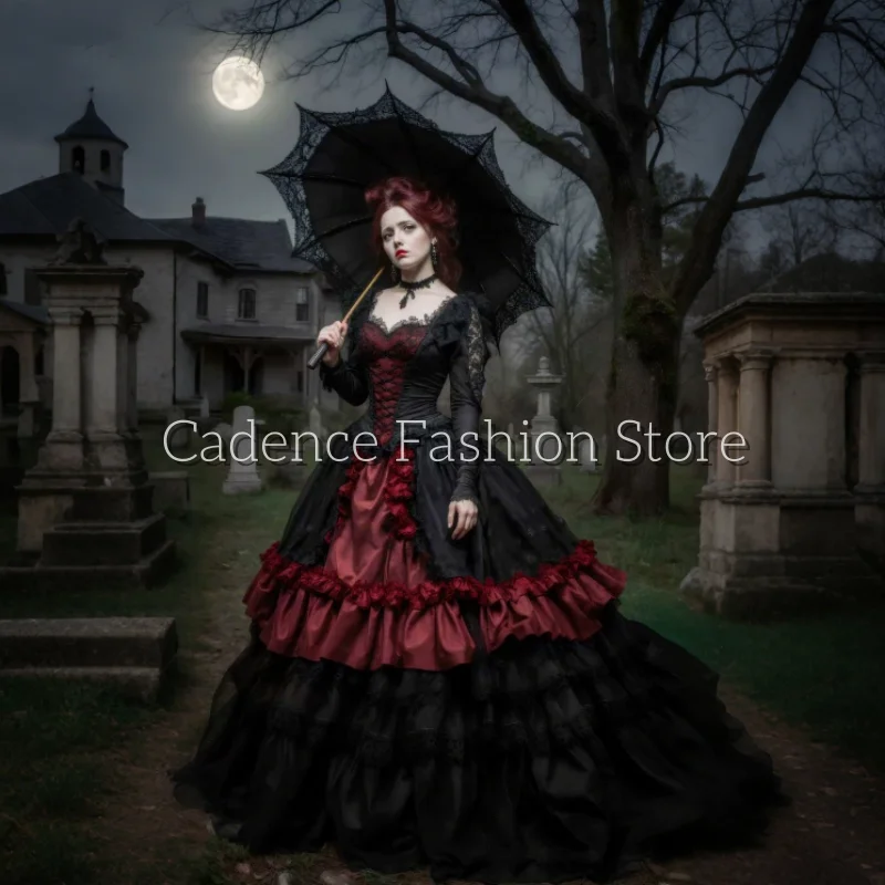 Borgonha preto gótico medieval vestidos de baile vitoriano manga longa renda plissado aparado a linha em camadas vestidos de noite personalizados