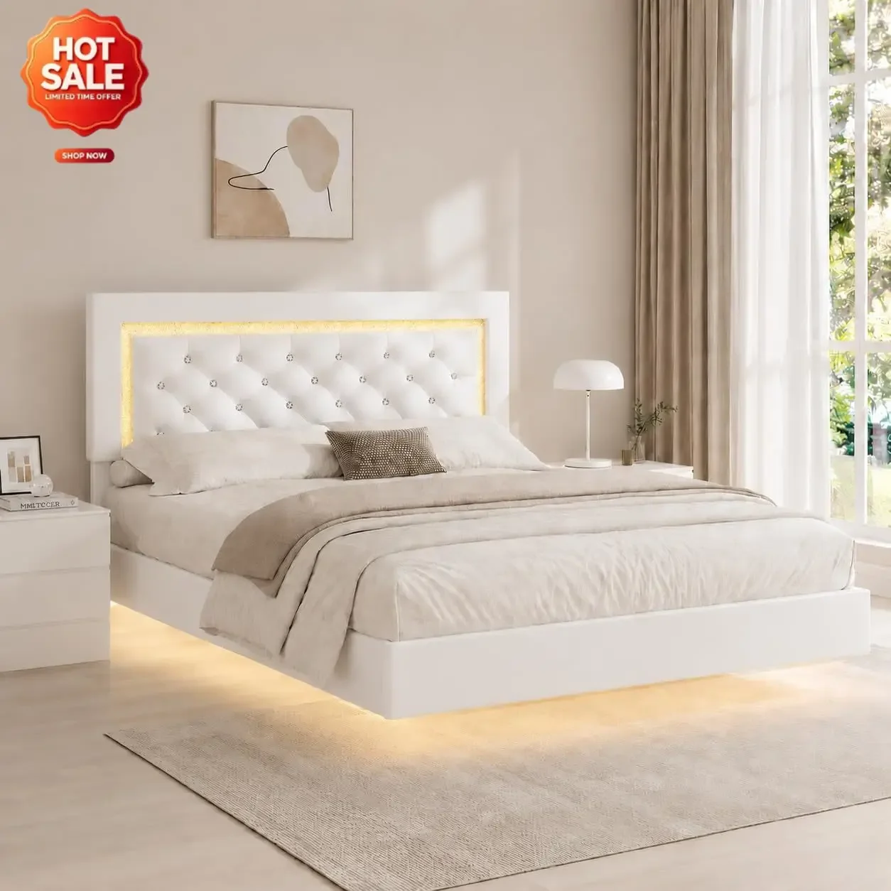 Floating Bed Frame Full with LED Lights and Diamond Headboard,White | Upholstered Bed Frame, No Box Spring Needed, Noise Free, E