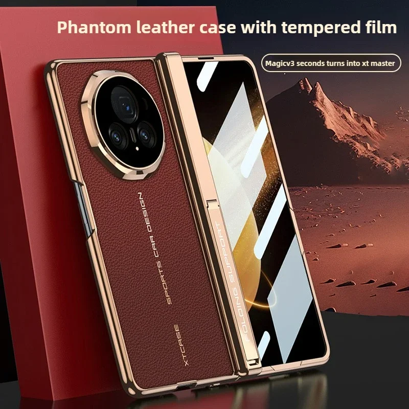 

Luxury Electroplated Leather Magnetic Folding Hinge Side Bracket Case For Honor Magic V3 5G With Tempered Film Shockproof Cover