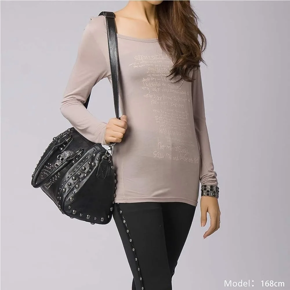 

Skull Pattern Tote Bag, PU Leather Boston Satchel, Large Top Handle Shoulder Purse, Punk Style for Women Men