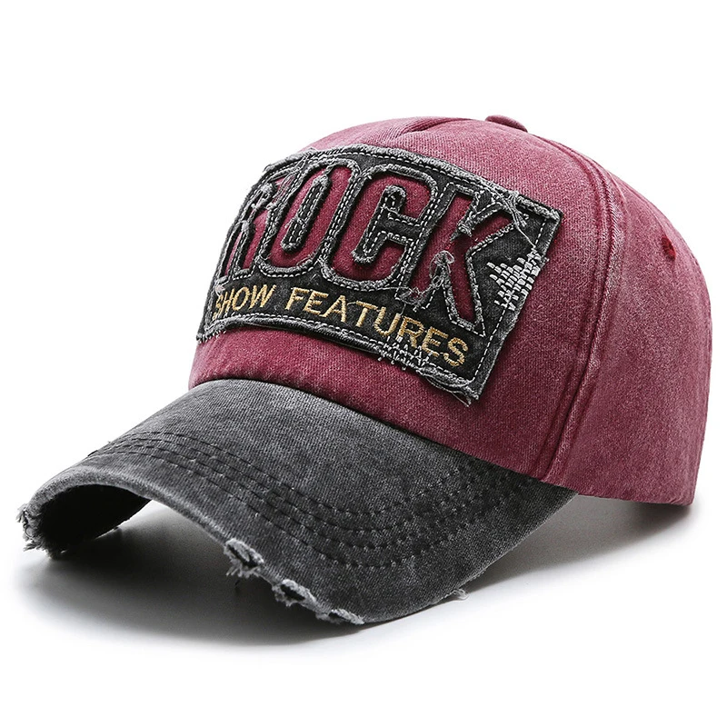 ROCK Letters Embroidered Patch Ripped Brushed Washed Distressed Design Style Unisex Cotton Adjustable Baseball Cap