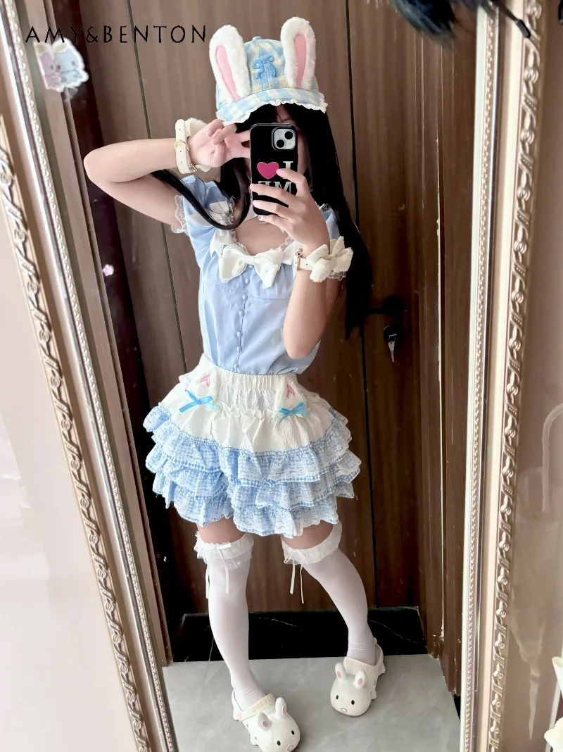 Japanese Anime Girl Lolita Outfit Evening Dresses Sweet Bowknot Puff Sleeve Shirt Patchwork Color Multi-layer Mini Puffy Skirt