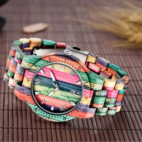 Imagen 2 del producto Reloj de cuarzo para hombre de tres manecillas de bambú de nuevo color con calendario