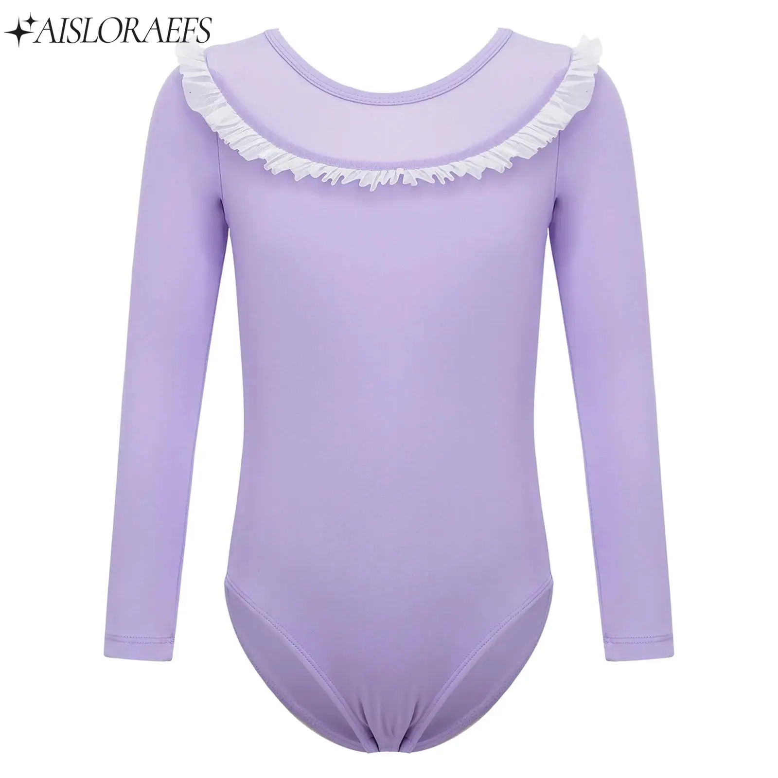 

Kids Girl Ballet Gymnastics Figure Skating Costume Tulle Frilly Ballet Unitard Leotard Sheer Mesh Long Sleeve Bodysuit Dancewear