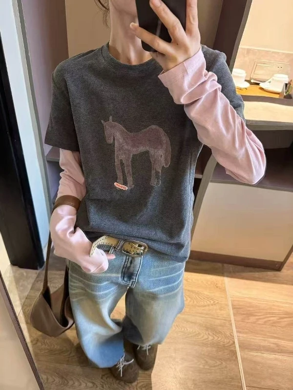 

Pink Pattern Long Sve round Ne Base irt Women's Casual Sle Spring New Faion T-irt Comfortable Breathable