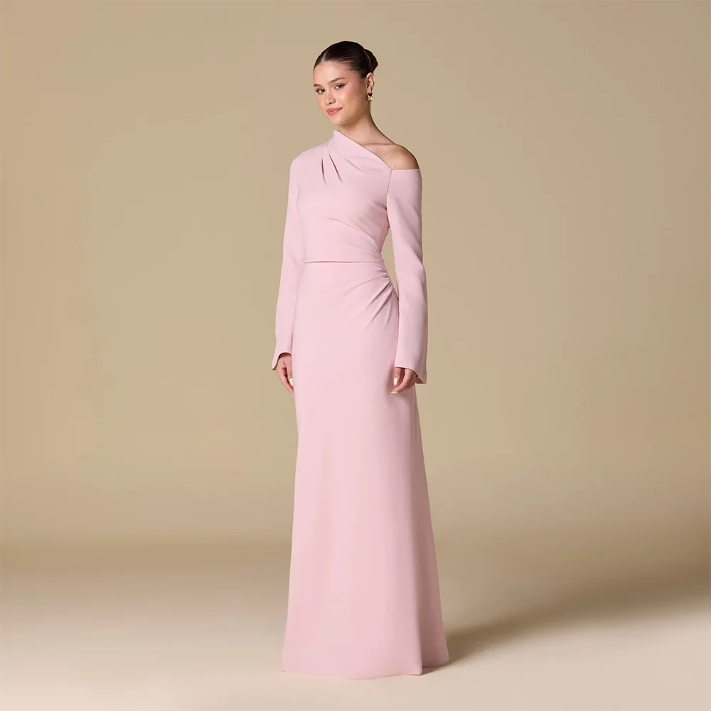 فستان سهرة وردي للنساء 2025 بأكمام طويلة فساتين سهرة طويلة بدون أكتاف حورية البحر فساتين رسمية بسيطة حسب الطلب