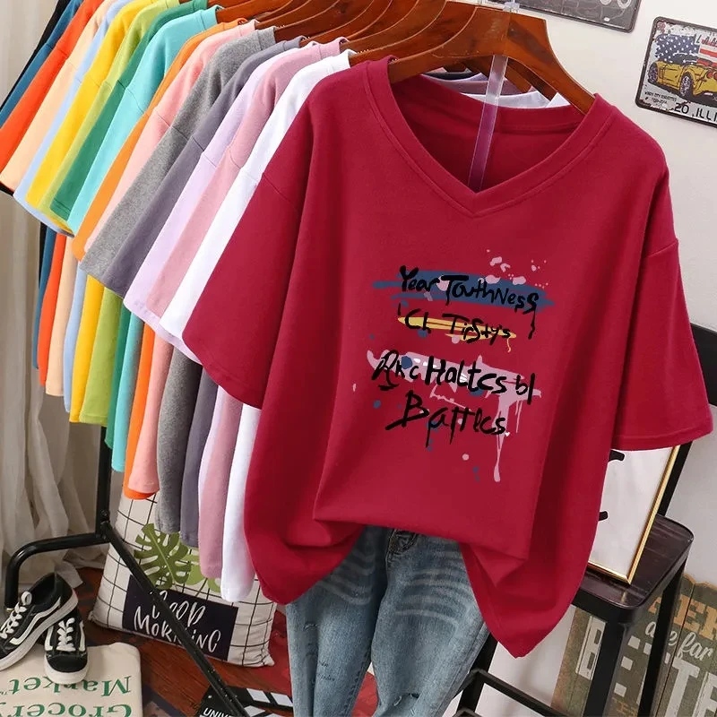 حجم كبير 6XL 150 كجم الصيف رسالة المرأة القطن تي شيرتات عجيبة قصيرة الأكمام الخامس الرقبة سيدة بلايز كبيرة الحجم تي شيرت امرأة الملابس
