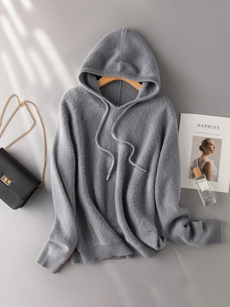 

Loose ingot needle hooded cashmere sweater women's sweater in autumn and winter new hooded knit top sweater bottoming