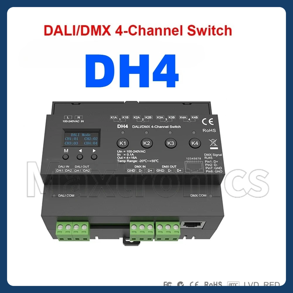 

100-240VAC Skydance 4-Channel DALI/DMX AC Switch High-inrush Relay Unit DALI-2 Certified Switch LED Strip Controller DH4 (DT7)