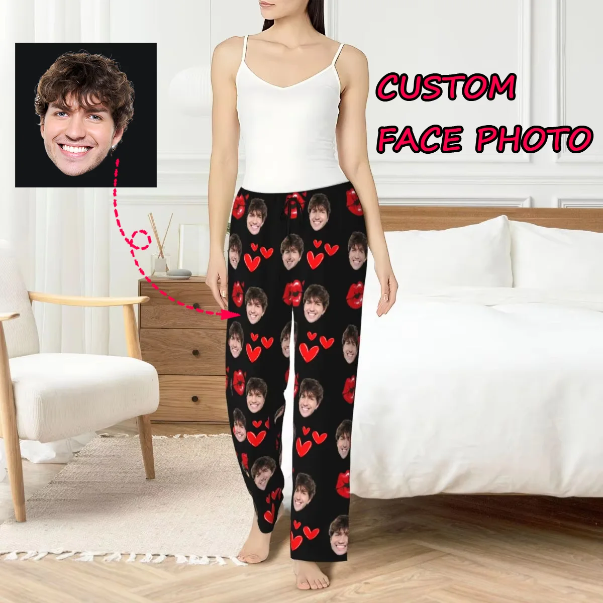 

Custom Printed Personalized Head Face Photo Pajama Pants for Women Best Gift For Her Sleep Sleepwear Bottoms with Pockets