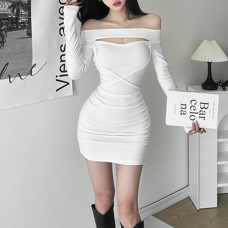 Summer Fashion Women Clothing Slim High-waisted One-line Collar Long-sleeved Dress for Women Sexy Package Hip A-line Mini Dress