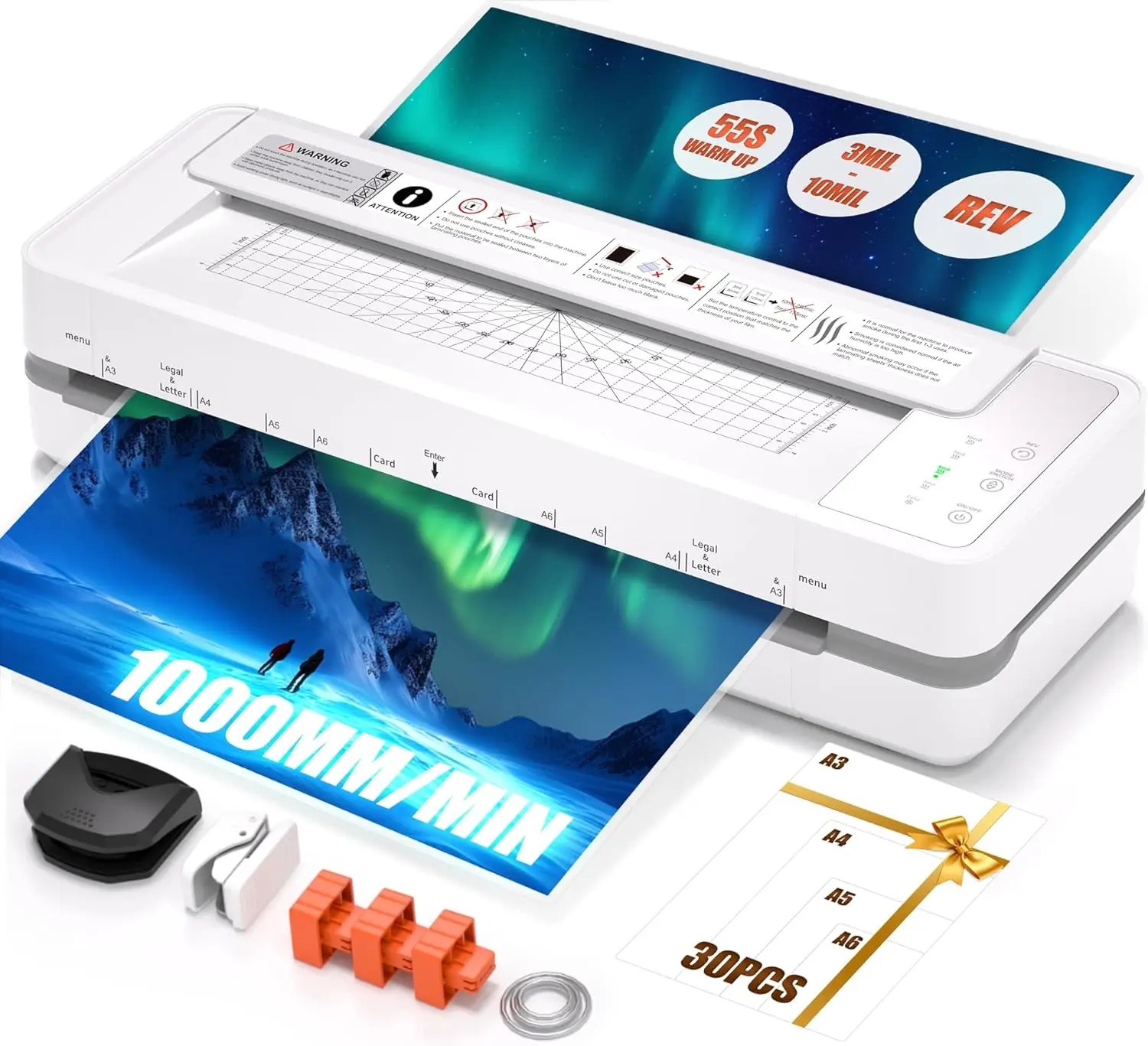 

13" 4-Roller Commercial Laminator Machine,3-10 Mil Thickness Laminating Machine,Fast 55s Warm-Up&1000mm/min Laminating Speed for Laminating 11x17&A3 Size,Includes 30 Sheets for Office,School(White)