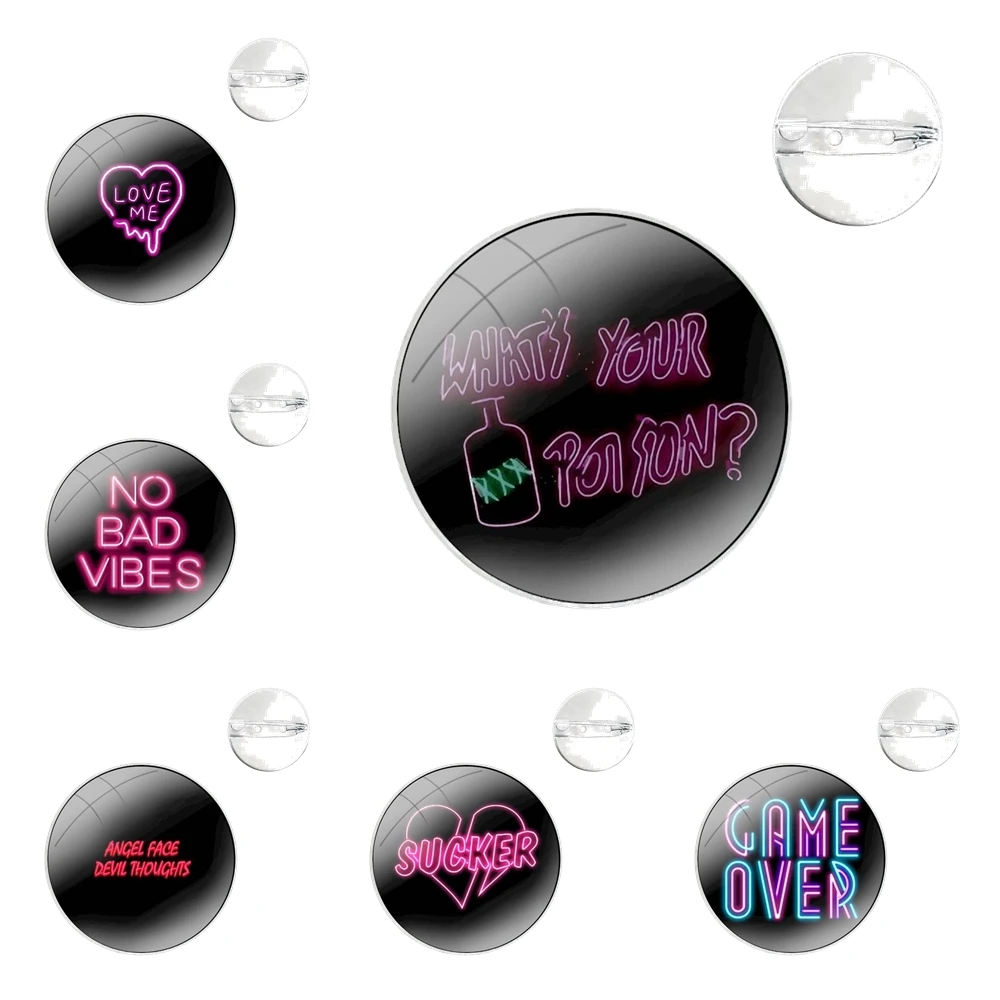 Color text on a black background Glass Dome Brooches Shirt Lapel Bag Cute Badge Pins For Clothes Hat Accessories