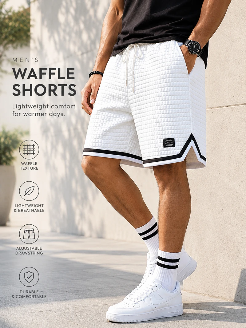 Herren Bubble-Waffel-Karo-Shorts, entspannte Passform, Kordelzug in der Taille, Kontrastbesatz, sommerliche Freizeitkleidung, sportliche Streetwear mit Taschen – Detail 1