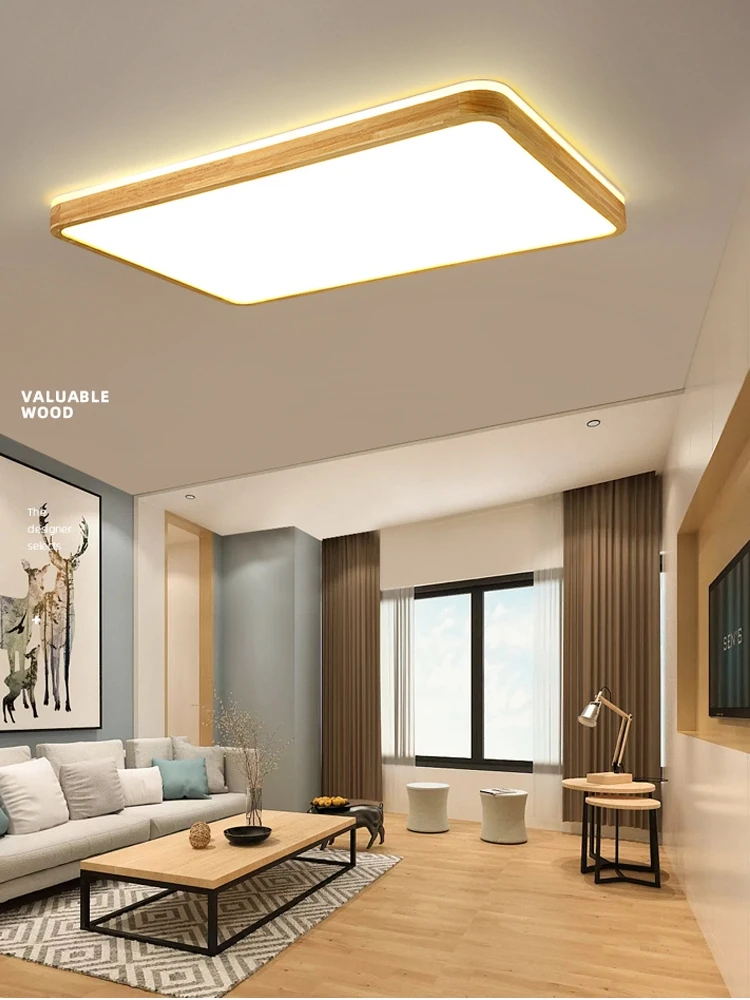 Deckenleuchte im nordischen Holzstil für Schlafzimmer, Wohnzimmer, Küche, Arbeitszimmer, Innenbeleuchtung, quadratischer Ring, intelligenter Kronleuchter