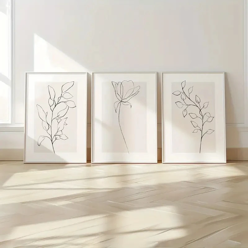3pcs/Set Bohemian Beige Neutral Plant Line Art, Simple and Modern Wall Art, Floral Canvas Posters for Home and Room Decoration