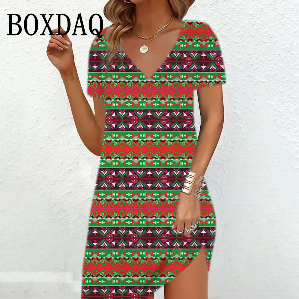 Vintage Ethnic Style Short Sleeve Striped Print Dresses For Women 2024 New Spring Summer Pullover Female Clothing Plus Size 6XL