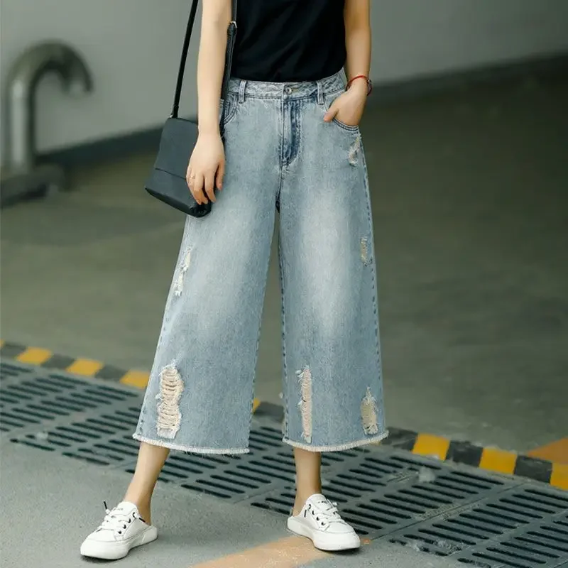 Capri Jeans Frau zerrissen Jean Sommerkleid ung Baggy Capri Hosen weites Bein Denim hohe Taille lose koreanische Bewertungen viele Kleidung Frauen