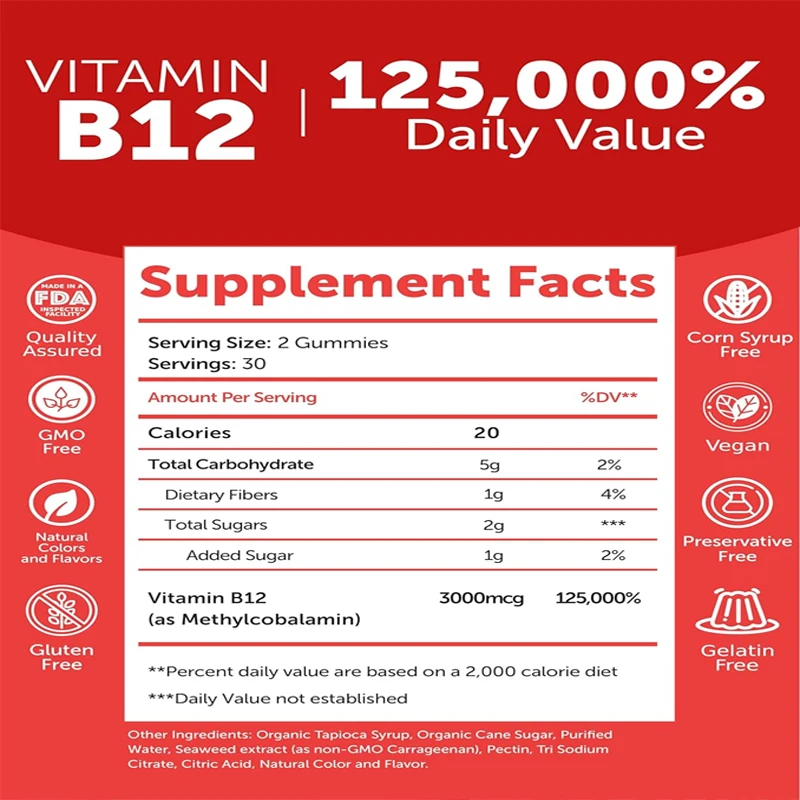 Adult Vitamin B12 Gummies - The Most Delicious Exclusive Formula - Used to Support Energy and Bone Health -60 capsules