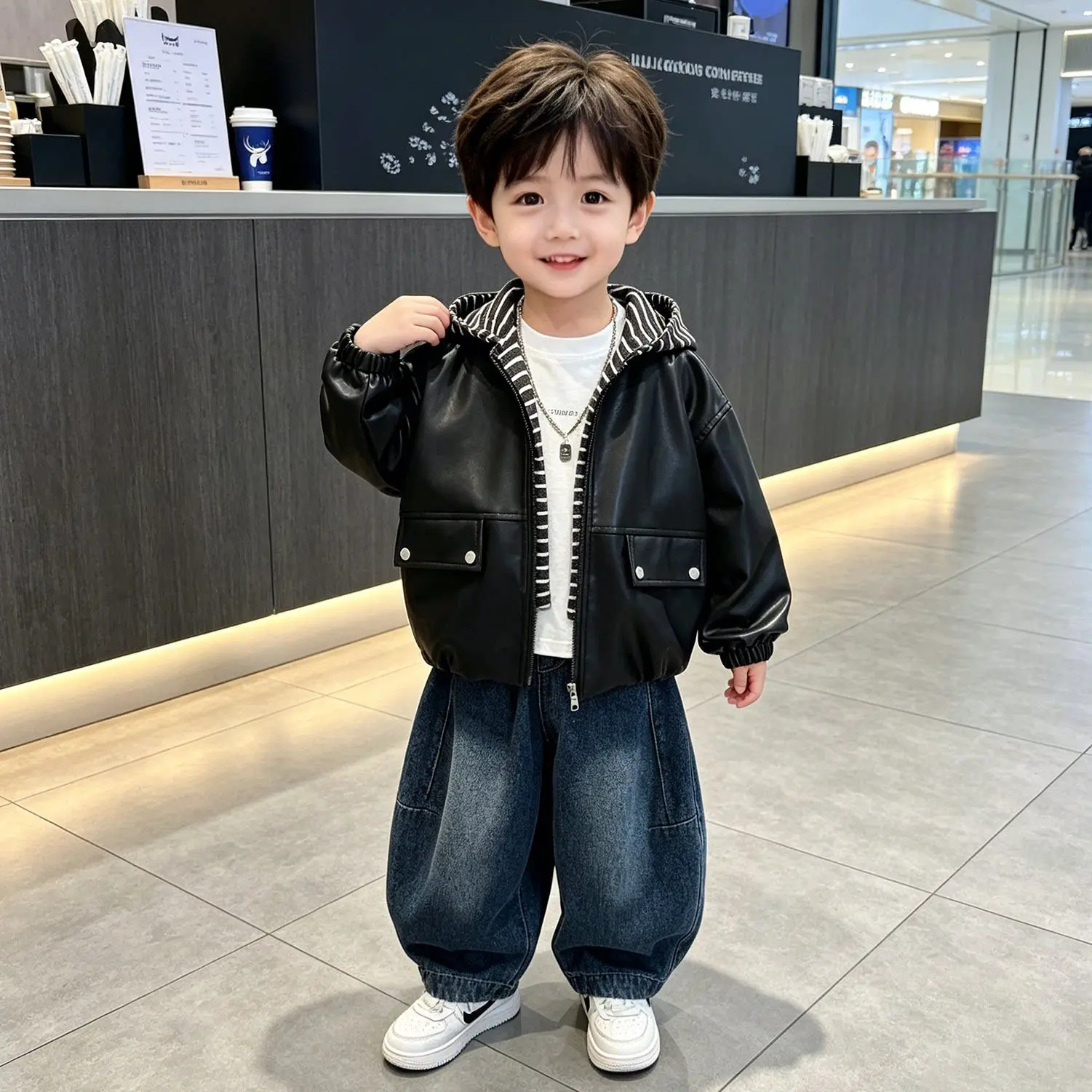 Boys Faux Leather Jacket Autumn PU Biker Coat Kids Stylish Casual Outerwear Children Zipper Clothing