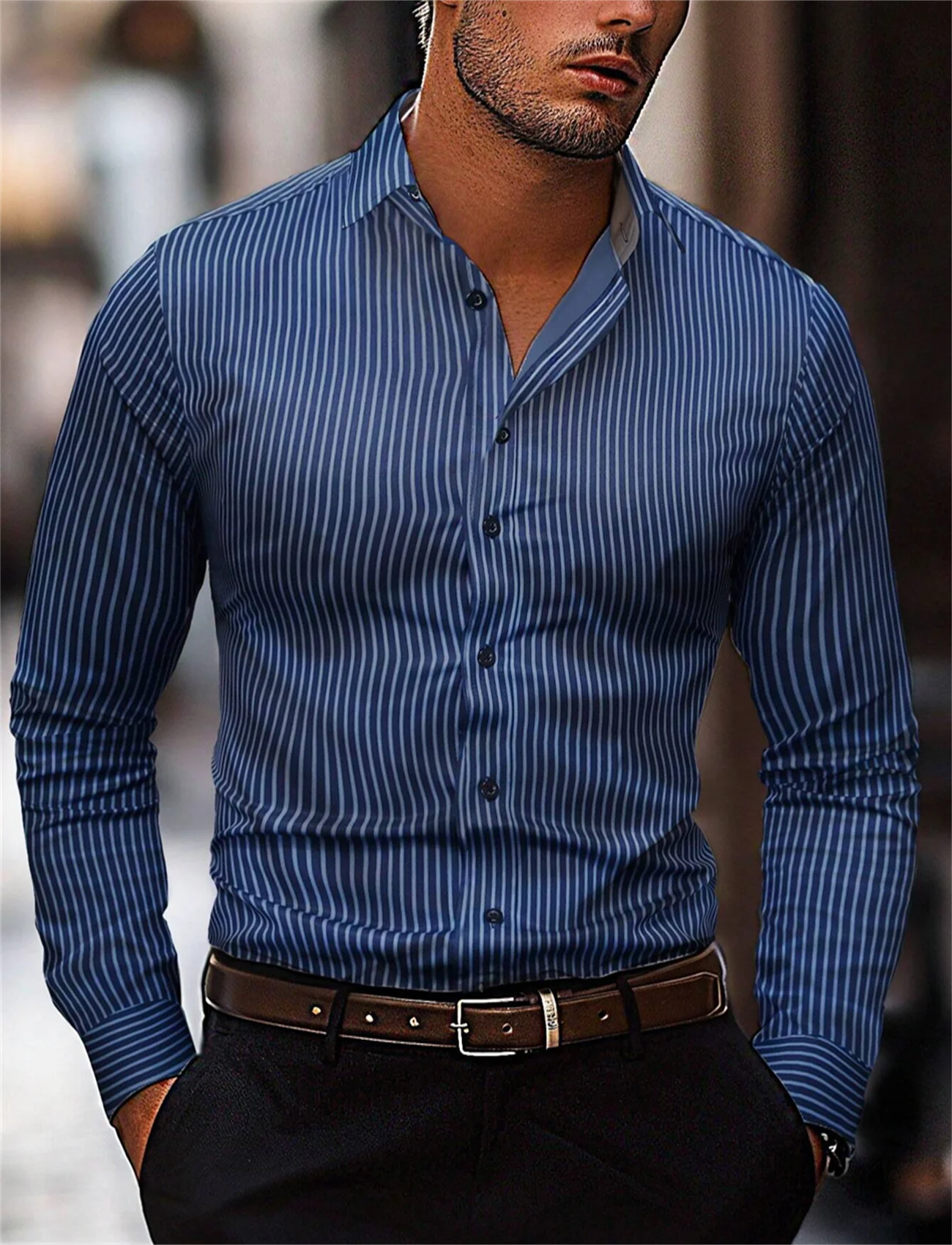 Men\'s fashion striped pattern shirt, casual breathable lapel button long -sleeved shirt comfortable and soft fabric shirt