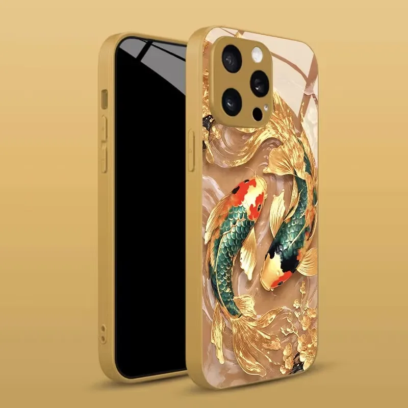 Golden Koi Wealth-Attracting Tempered Glass Phone Case For iPhone 17 16 11 15 12 13 14 Pro Max Case 17 Air iPhone11 16e Cover