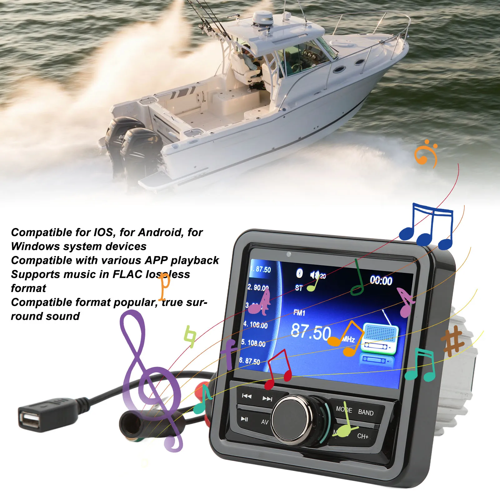 Marine Radio Stereo Anti Interference Bluetooth Media Receiver  SUB Output Waterproof Bluetooth for Yachts Vehicles Trucks