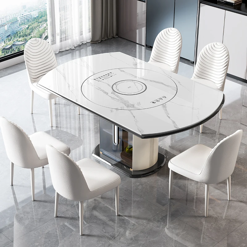 Rock slab multi-functional retractable dining table and chairs induction cooker electric vegetable heating board variable round