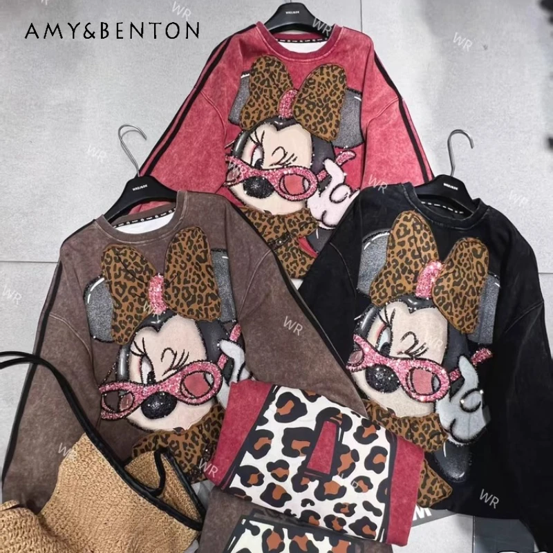 

2025 Autumn New Heavy Industry Leopard Print Cartoon Hoodies Medium And Long O-neck Fashion Loose Casual Sweatshirts Top Jacket