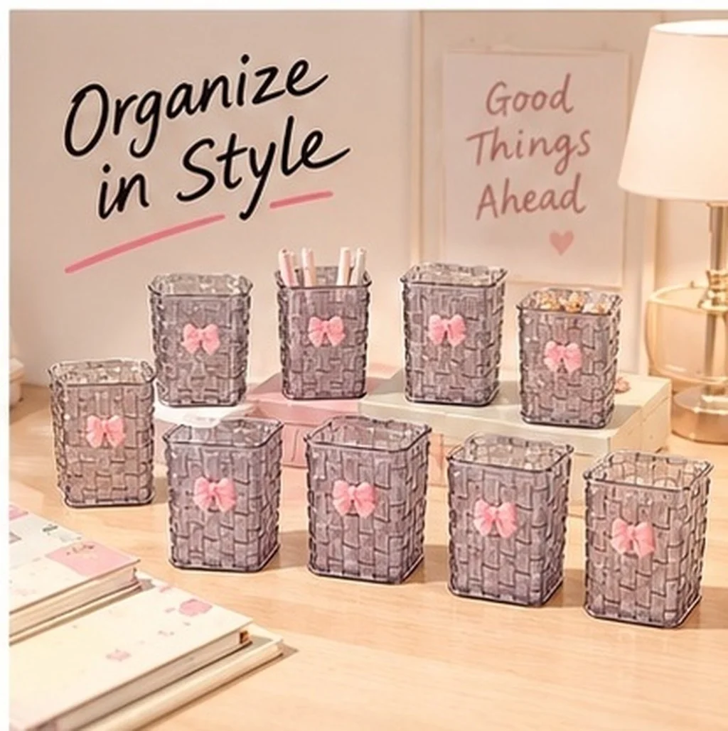 10Pcs Desktop Pen Holder Woven Texture Bow Pencil Cup Desktop Stationery Storage Organizer Countertop Makeup Brush Holder