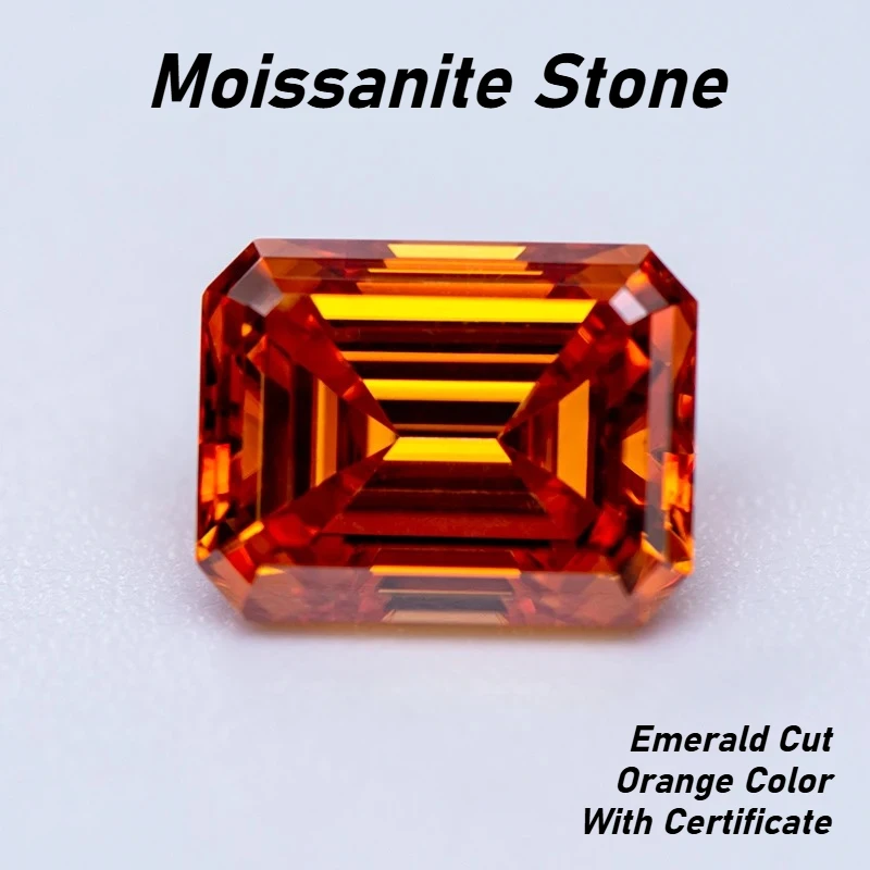 Moissanite Stone Emerald Cut Orange Color Gemstone With Certificate Pass Diamond Tester For Jewelry Making