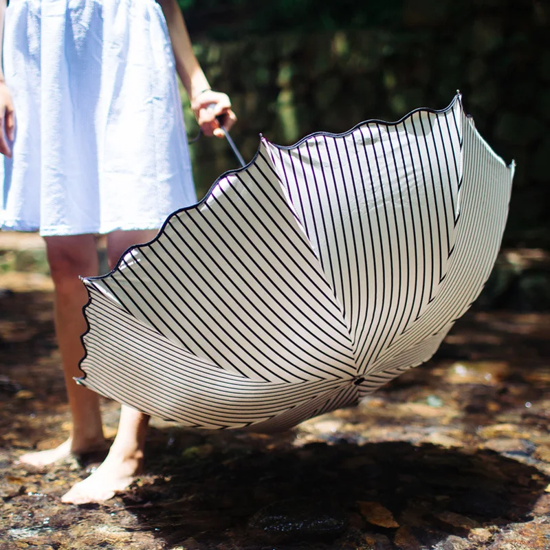 

Women's Umbrella Sunshade Waterproof UV Protection Black Glue Manual Foldable Striped Sun Umbrella Rain Two Use Student Sunshade