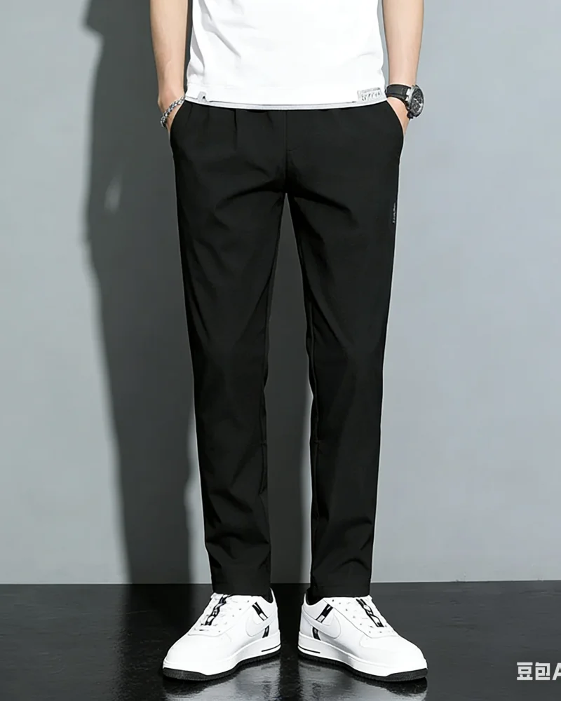 Men's Business Casual Sports Pants Thin Breathable Stretch Straight Long Trousers Black Gray