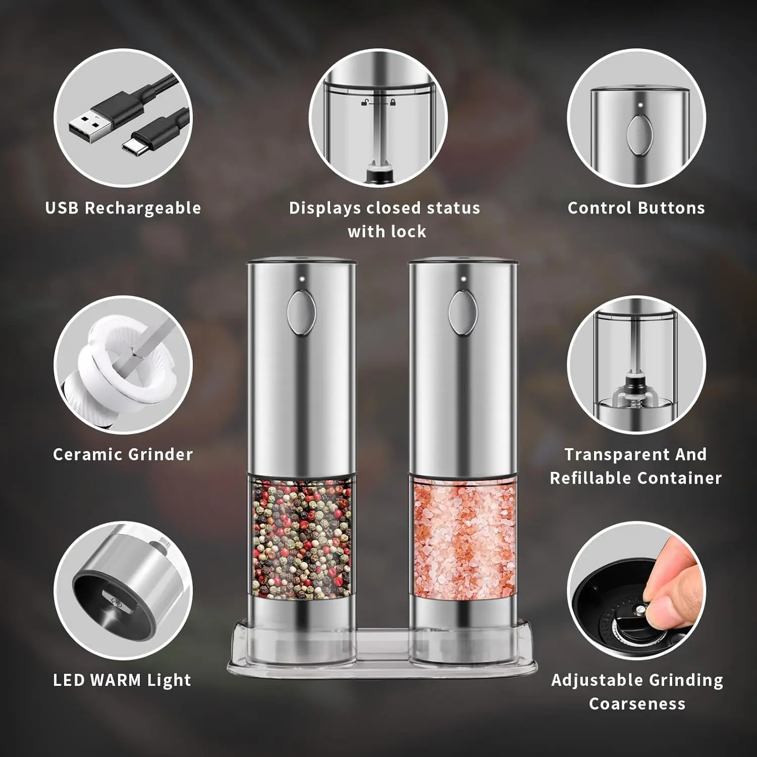 Electric Pepper Grinder Automatic Salt And Pepper Grinder USB Rechargeable Adjustable Coarseness Spice Mill Kitchen Gadget Tools