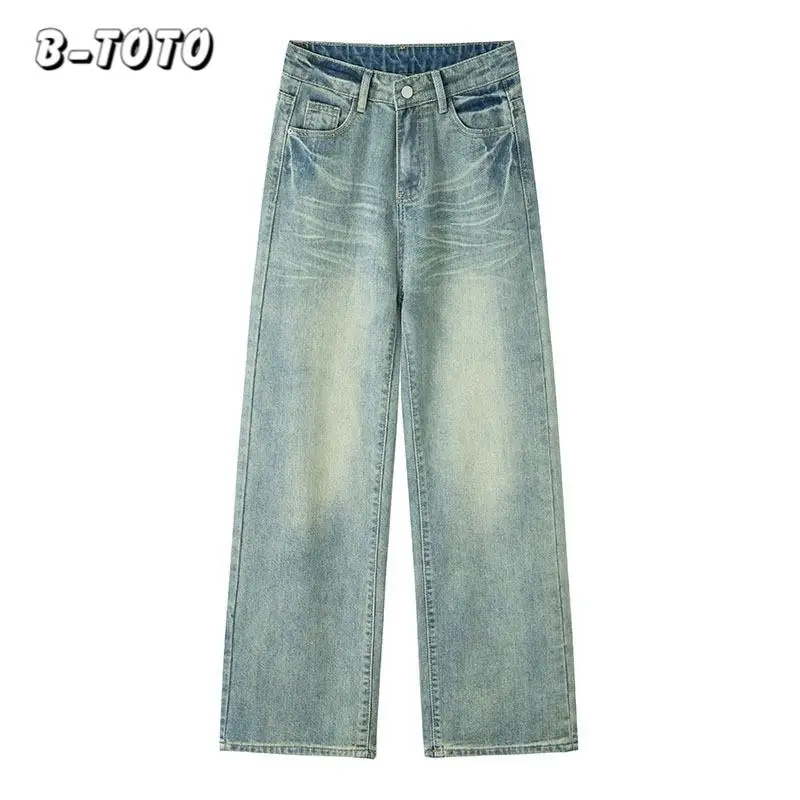 

B-TOTO High-waisted Straight Jeans Women's Retro Casual Wide-legged Trousers Trailing Long Trousers 2024 Early Spring Light Blue