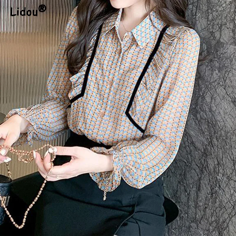 Polo-Neck Single Breasted Chiffon Blouses for Women, High-End Temperament, Long Sleeve, Sweet Elegan, Summer, Autumn, 2024