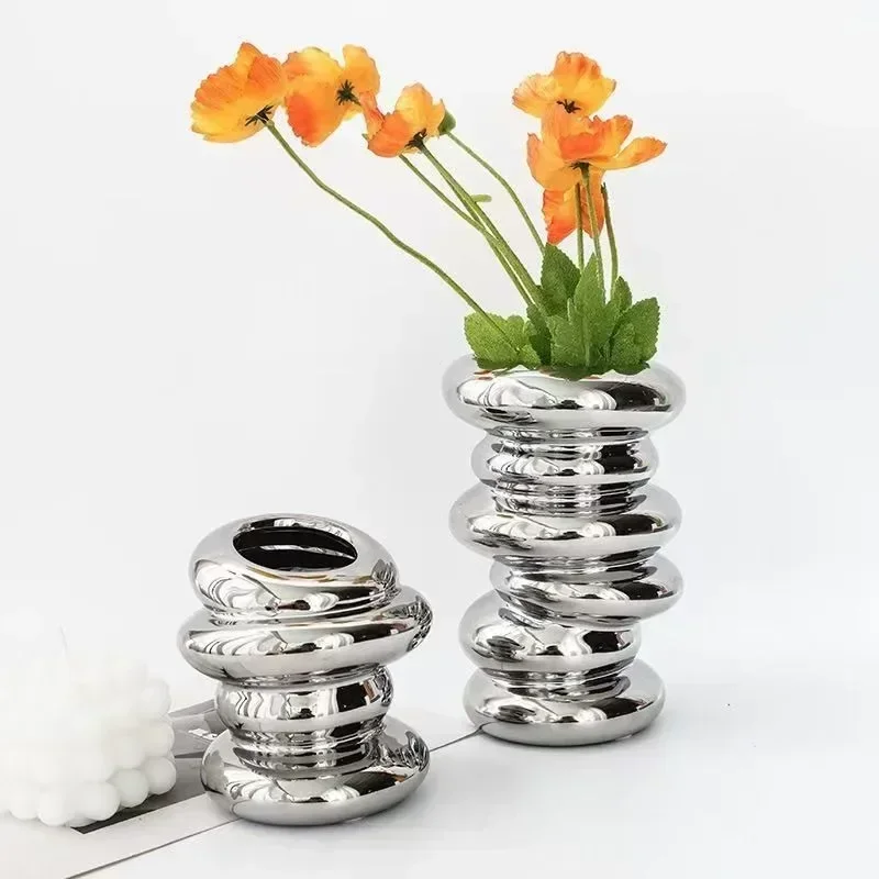 Nordic Ceramic Vase Modern Light Luxury Silver Swimming Circle Flower Vase Dining Table Ornaments Home Decoration Creative Gifts