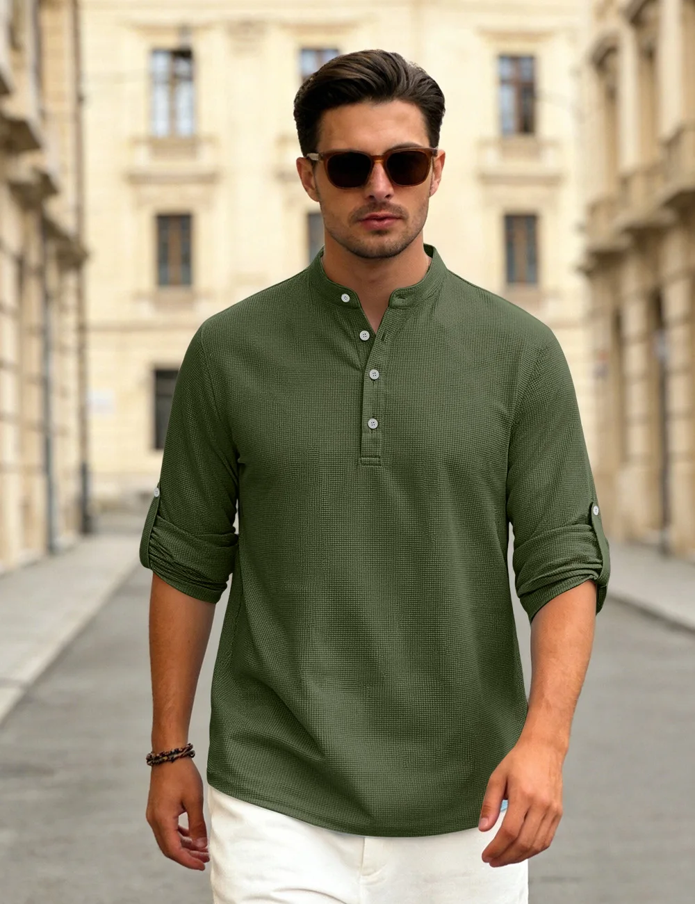 New men's Polo shirt - summer and autumn casual breathable long-sleeved buttoned stand-up collar checked top long polo shirt