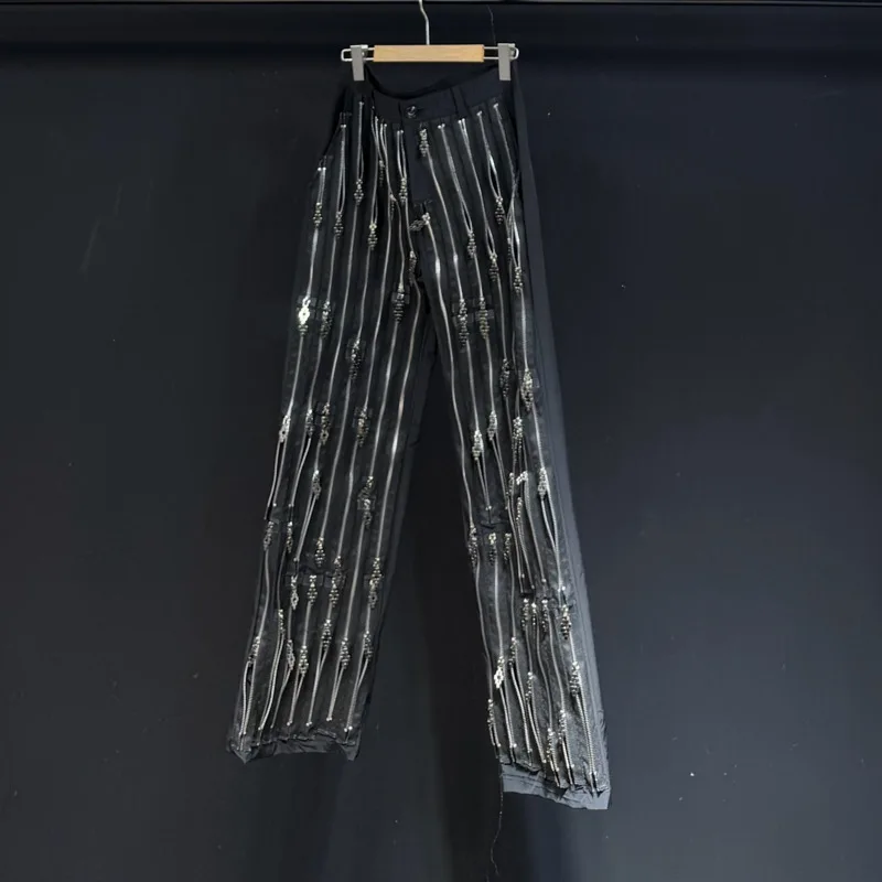 HKSH Spring Autumn New Men Tide Dark Punk Zipper Printed Striped Casual Pants Loose Straight Trend Fashion Chic Ins Vibe HK19081