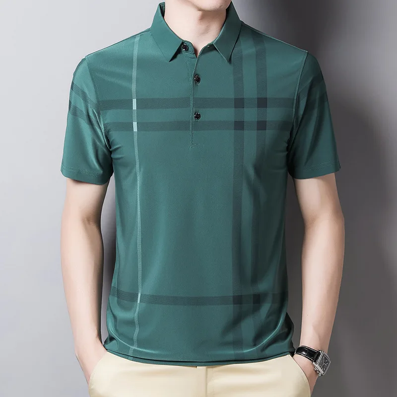 Summer Short Sleeve Polo T-shirt Male Casual Clothing Ice Silk Polo Shirt Formal Plaid Tops