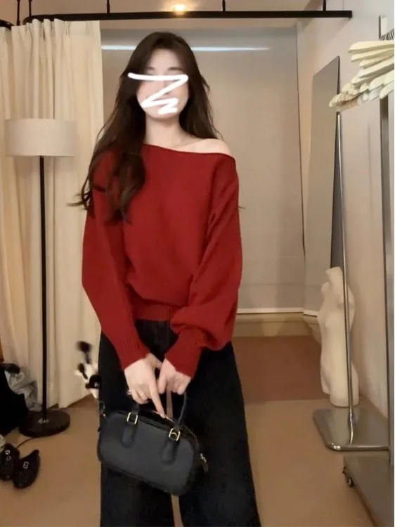 Ele vermelho malha um ombro camisola feminina faionable interior wear coreano sle outono inverno thiened longo sve topo