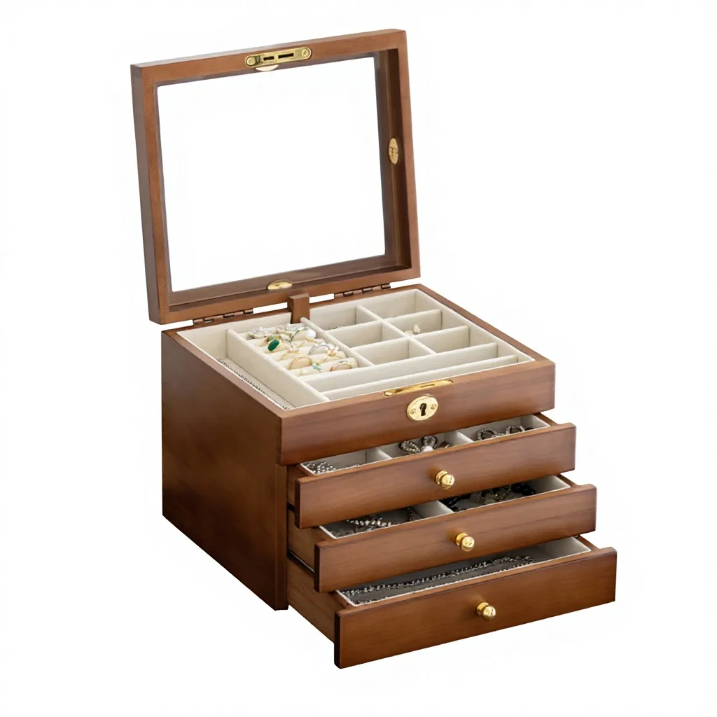 Wood Brown Jewelry Box Large Ring Necklace Earrings Storage Box Drawer Bracelet Display Stand Women's Accessories