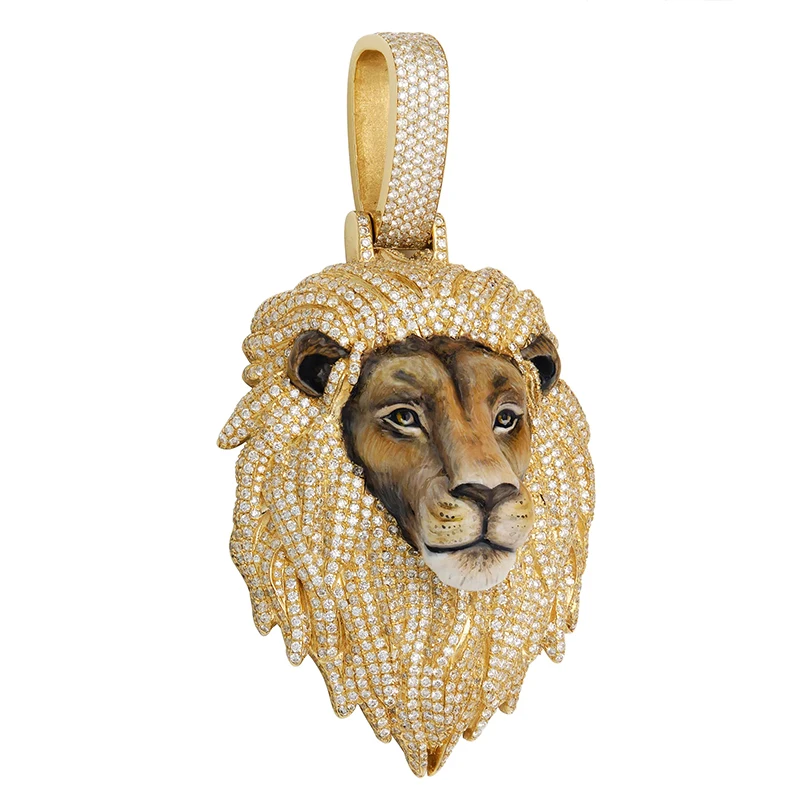 

2026 Iced Out Enamel Lion Head Pendant - Streetwear Style Animal Jewelry 3D Sculpted Enamel Lion