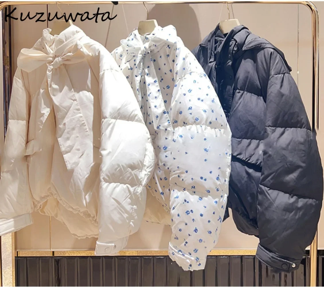 Kuzuwata Elegant Hooded Long Sleeve Lace Up Coat Print Sustans Warm Zip Parkas Japan 2024 Winter New Casual Straight Outwears