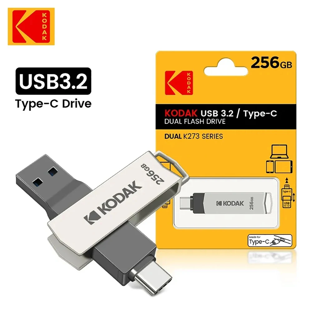 Kodak USB3.2 유형 C 금속 USB 플래시 드라이브 32GB 64GB 128GB 256GB 컴퓨터 휴대 전화 노트북 용 듀얼 회전 크리 에이 티브 U 디스크