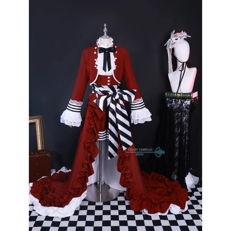 Ciel Black Tea Cup Cosplay Costume Butler Victorian-style Gown Red Gothic Lolita Long Dress Set Wig Halloween Party Costume